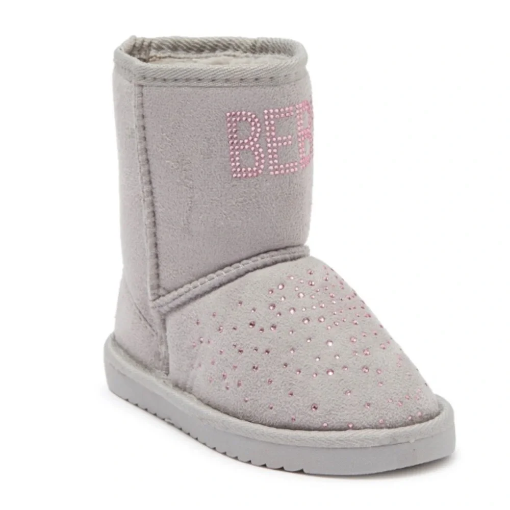Bebe Rhinestone Logo Faux Fur Gray Microsuede Lined Pull-On Boot
